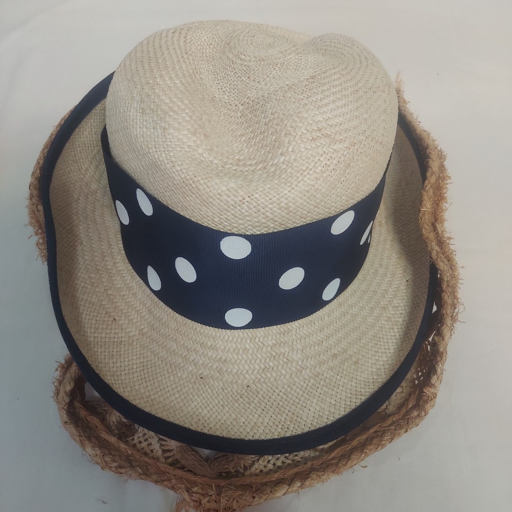 Gonzalez 1976 Straw Hat Navy Polka Dot Ribbon Frayed Brim Beach Sun